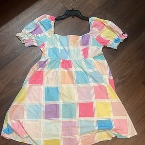 Colorful Square Neck Puff Sleeve Dress